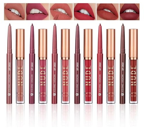 Holzsammlung 6 Rossetto Matte Lunga Durata Opaco + 6 Matita Labbra,Matte Liquid Lipgloss Rossetti Lunga Durata Impermeabile Set di Lucidalabbra da Donna#05