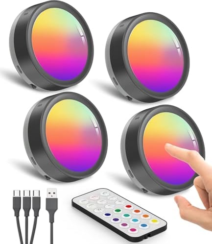 Luz LED Armario Recargable con Mando a Distancia, Negra Batería de 1600mAh Luz Vitrina Sin Cable RGB Foco LED Colores Interior USB Luces Cocina Bajo Mueble Tactil Inalambrica Luz Adhesiva con Pulsador
