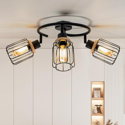 Lightoons Spot Light Fitting for Ceiling - Black Industrial Ceiling Light - 3 Way Round E14 Base Adjustable Ceiling Spot Light Bar for Kitchen Bedroom Hallway Living Room Shop (Bulbs not Included)