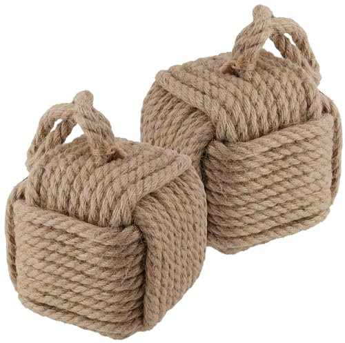 SEHOI 2 PCS Square Rope Knot Door Stops, 5.5 x 5.5 Inch Jute Door Stoppers with Handle, Nautical Knot Door Stopper for Doors and Windows, 5.3lbs