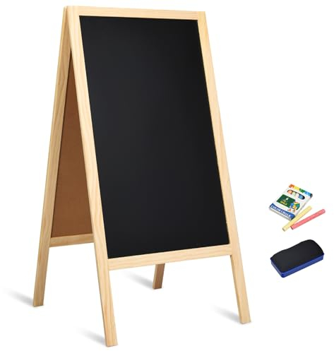 GiantexUK A Frame Magnetic Chalkboard, 98x50cm Double Sided Blackboard with Eraser & Colored Chalks, Outdoor Wooden Sandwich Pavement Advertising Board Signs for Party Wedding Cafe Shop (Natural)