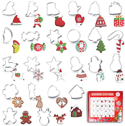 24 Stück Weihnachts Ausstechformen Set, Weihnachten Keksform aus Edelstahl, PläTzchen Ausstecher Weihnachten Fondant, DIY Backwerkzeug Set, Für Ausstechförmchen Weihnachten Tortendekorationen