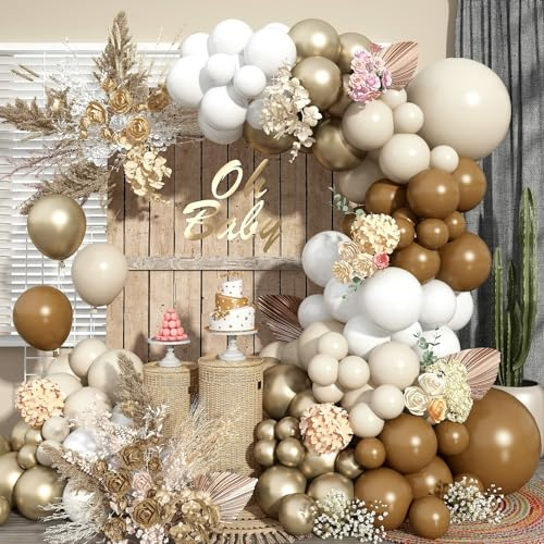Boho Neutral Balloon Arch Kit with White, Sand, Brown, Metallic Gold, Nude, Tan, Ivory Balloons for Engagement, Wedding, Anniversary, Birthday Decorations