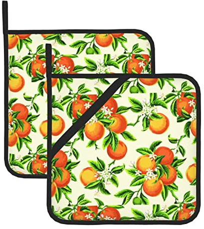 Set di presine per cucina e forno, guanti da forno per cottura (20,3 x 20,3 cm), fiori gialli e frutti arancioni