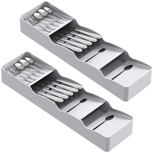Lifewit 2 Pièces Range Couverts pour Tiroir, pour le Rangement du Tiroir de la Cuisine, Plateau en Plastique pour Cuillères, Fourchettes, Ustensiles et Couteaux, Gris