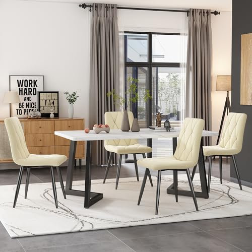 Essgruppe (Set,117×68cm Esstisch mit 4 Stühlen), Rechteckiger Esstisch Moderner Küchentisch Set,Esszimmerstuhl Twill Samt Küchenstuhl,Schwarze Tischbeine (Beige)