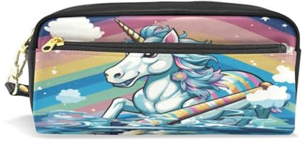 LINNIKEEEE Süßes Lustiges Einhorn Federmäppchen aus Leder,Mäppchen Schlamperbox Stifttasche,Make-up-Tasche,Organizer für Jungen Mädchen