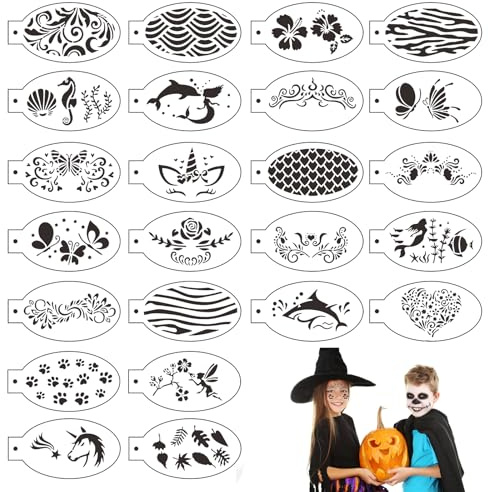 24 Stücks Tattoo Schablonen Kinder Wiederverwendbare Schablonen für Gesicht und Körper Tattoo Schablonen temporäre Tattoos für Kinder Halloween Urlaub Party Make-up Körperkunstmalerei