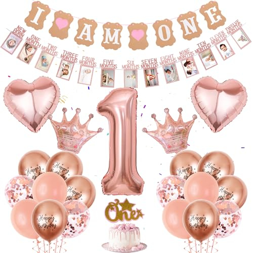 Roségold 1.Geburtstag Deko Mädchen - 42 Stück Geburtstagsdeko 1 Jahr, Baby Fotobanner, Roségold Nummer 1 Ballon, Kuchendekoration, Liebeskronen Folienballon für Mädchen Baby Shower Geburtstag Deko