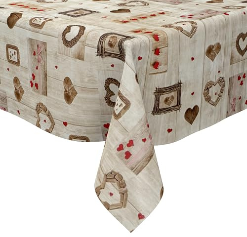 KEVKUS Wachstuch Tischdecke 108A Chalet Holz Herzen wählbar in eckig, rund und oval - Größe rund 140cm mit Paspelband