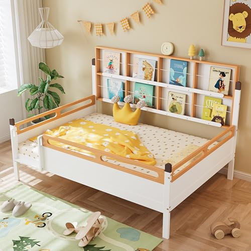 Merax Kinderbett Jugendbett 140x200cm, Doppelbett mit Fallschutz, Bücherregal, Schallplattenständer, Multifunktionales Tagesbett für Jungen und Mädchen, Reichlich Stauraum, Kiefer+MDF, Weiß & Natur