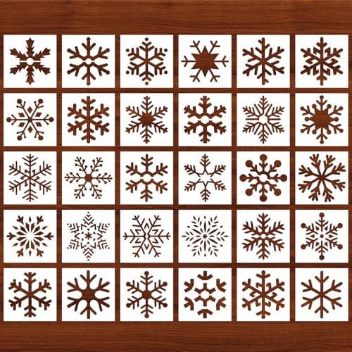 Qpout 30 Stück Schneeflocken Schablonen, 5x5 Zoll Weihnachten Schneeflocken Schablonen Vorlage zum Malen, Wiederverwendbar Schneeflocken Schablonen zum Malen auf Holz/Wand/Fenster