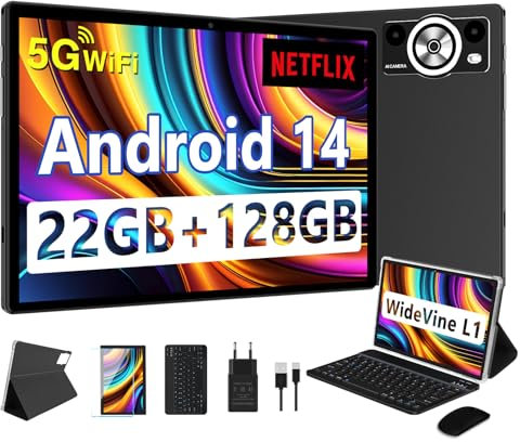 DEERTiME 2025 Newest Tablette Android 14,Tablette 10.1 Pouces 22Go RAM+128Go ROM(TF 1To),8 Cœurs 2.0GHz, 5G WiFi GMS,8000mAh/WideVine L1/FHD/BT5.0/GPS/Tablette avec Clavier Souris-Noir