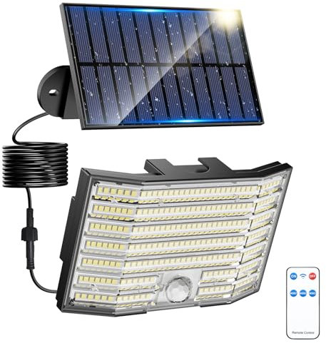 Solar Aussenleuchte, Solarlampen für Außen mit Bewegungsmelder, 226 LED Solarleuchten Aussen, Solar Strahler Außen Wasserdicht 3 Modi mit 5m Kabel Außenlampe Outdoor für Garten Garage, 1 Stück