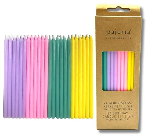 Geburtstagskerzen inkl. Plastikhalter 1x 24 Kerzen | H 11,5 x D 0,5 cm - 15 Minuten Brenndauer - Wachsgewicht à 2g | Pink, Gelb, Türkis & Lila - pajoma®