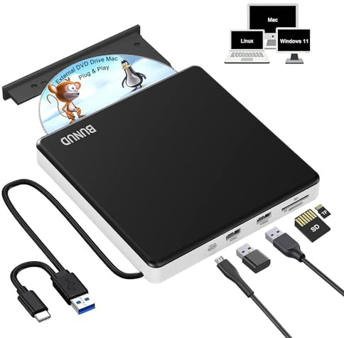 BUNUD CD Drive External for Mac: USB-C DVD Burner Player for MacBook with 2 USB and TF/SD Slots - CD ROM External Drive Slim Portable USB Superdrive for Apple Laptop Windows 11
