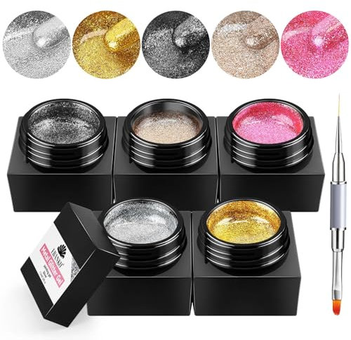 EBANKU Silver Metal Glitter Gel Nail Polish 5 Colors Painted Metal Platinum Drawing Polish with Nail Brush, Gold Silver Black Glitter Nail Polish Sparkling Soak Off for Nail Design