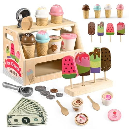Eisladen Kinder Holz,44-teilig,Kinderküche Zubehör ab 3 Jahre, Holzspielzeug Spielküche Zubehör, Eisladen Kinder Holz Einkaufsladen, für das Eisdielen-Rollenspiel , Spielgeld inklusive