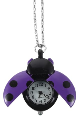FOMIYES Marienkäfer Taschenuhr für Kinder - Süße Quarz Uhr Anhänger mit Halskette, Vintage Taschenuhren Set für Mädchen, Violett, Kleiner Tier Charm für Handtasche & Cosplay Party
