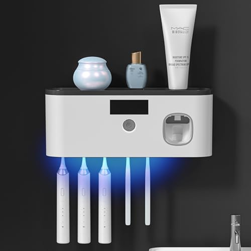 Wall Mounted Toothbrush Holder with Toothpaste Dispenser, Solar Charging and no Drilling Required Smart Clean Toothbrush Organizer with 5 Brush Slots, Electric Toothbrush Holder for Bathroom