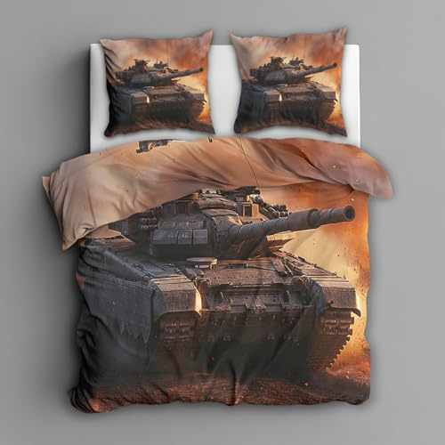 Generisch Panzer Bettwäsche 200x200 - Schlafzimmer Deko Panzer, 3D Panzerwagen Tank Bettbezug 200 x 200 3er Set mit 2 Kissenbezug 80x80, Weiche Mikrofaser Sommerbettwäsche mit Reißverschluss