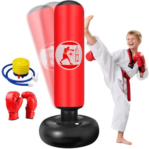 Sac de Boxe Enfant, Ninonly 160cm Sac de Frappe sur Pied Gonflable avec Pompe à Air et Gants de Boxe, Punching Ball Set Cadeau pour Garçons et Filles 3-12 Ans pour Karaté Kickboxing