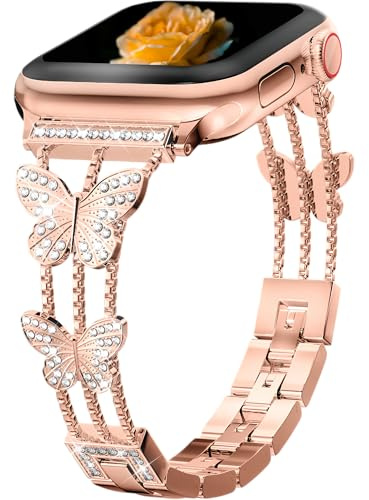 Diamond Butterfly Metal Band Compatible with Apple Watch Ultra3/2/1 SE3/2/1 Series11/10/9/8/7/6/5/4/3/2/1 Bracelet Luxe à Strass pour Femme pour 38/40/41/42/44/45/46/49mm