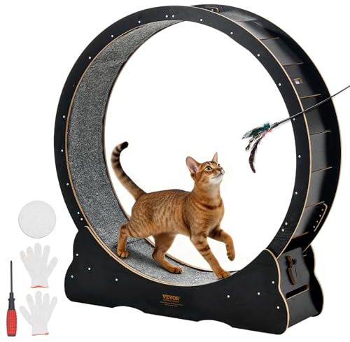 VEVOR Cat Exercise Wheel, 48 in Wooden Cat Running Wheel for Indoor Cats up to 28 lbs, Cats Treadmill with Carpeted Runway & Locking Mechanism, Quiet Kitten Sport Toys for Pets Fitness & Health, Black