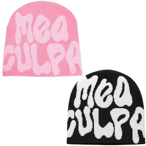 PjuQow Arcteryx Mütze, Y2K Beanie, MEA Culpa Beanie, 2er Pack Strickmützen in Schwarz-Weiß und Rosa, 23x23 cm, Bequem und Stilvoll für Jeden Tag