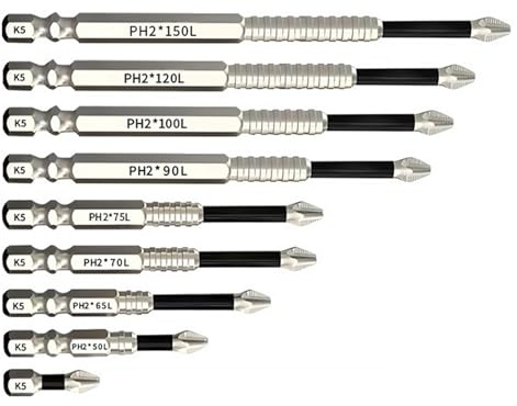 Anti Slip Screwdriver Bits PH2 Cross Head – 9 Pack K5 Alloy Steel Impact Resistant Magnetic Drill Bits Set – Professional Non Slip Driver Bits for Electric Manual Screwdrivers – 25-150mm Length