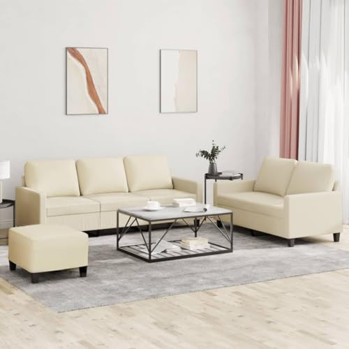Yisssmeng 3 teilige Sofagarnitur Creme Kunstleder 2 Sitzer 138 cm & 3 Sitzer 198 cm mit Ottomane Modernes Design Robustes Metallgestell Bequeme Polsterung für Wohnzimmer Büro Flur