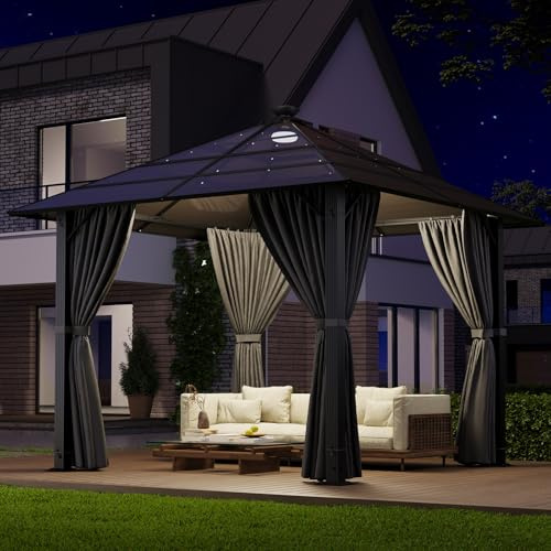 JUMMICO 3x3m Aluminium Gartenpavillon mit solarbetriebener LED-Beleuchtung,Pavillon mit festem Dach Design für Schatten am Tag und gemütliche Beleuchtung bei Nacht stabil und witterungsbeständig