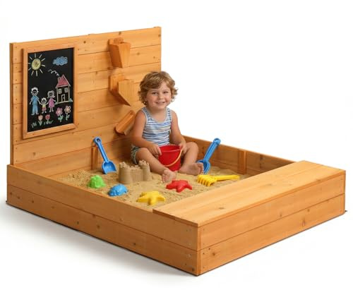 LALAHO Sand Pit with Bench, Blackboards & Safety Corners 119 x 101 x 76 cm | Storage Space, Wooden For Toddler, Outdoor Playhouse