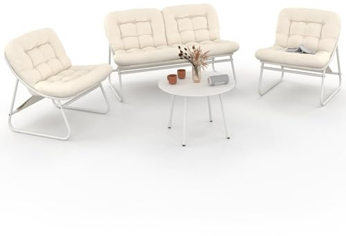 IDMarket - Gartenmöbel Arona niedrig 4-Sitzer aus weißem Metall und beigen Kissen mit Sofa, Sessel und Tisch