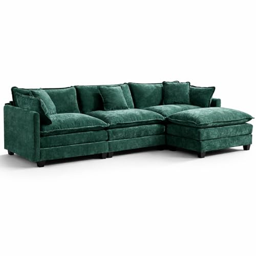 LANOX 3 Sitzer Cloud Sofa mit Ottoman Chenille 240x83,5x97 cm, modulares Couch Set ergonomisch mit Kissen, Flexible Kombination Fuer Wohnzimmer und Lounge, Grün