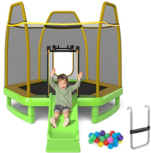 GYMAX 7FT Kids Jumping Trampoline, 3-in-1 Fitness Trampoline with Safety Enclosure Net, Slide and Ladder and Ocean Balls, Indoor & Outdoor Jumping Bounce House for Boys & Girls