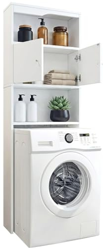 mymai Waschmaschinenschrank, Weiß, Toilettenregal mit Schrank, 2 offene Fächer, zur Aufbewahrung von Waschmittel und Handtüchern geeignet, 62,5 x 19,5 x 178CM