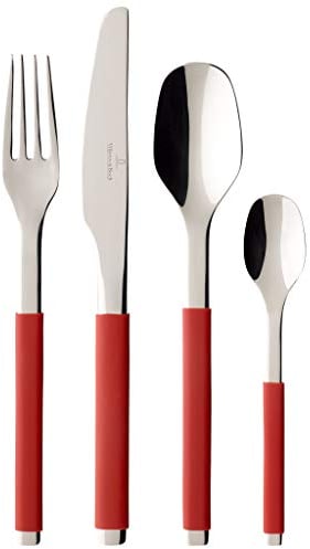 Villeroy & Boch S+ Cranberry Couverts de table pour 6 personnes, 24 pièces, Inox, Manche recouvert de silicone rouge
