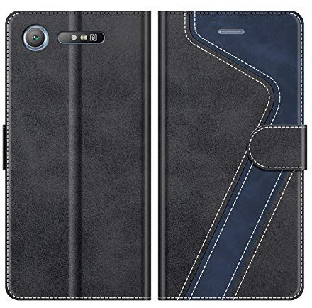 MOBESV Hülle für Sony Xperia XZ1 Handyhülle, Lederhülle mit Kartenfach, Klapphülle mit Ständer, Flip Case Handytasche Schutzhülle, Modisch Schwarz