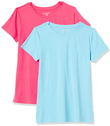 Amazon Essentials Camiseta Elástica de Secado Rápido, Manga Corta y Cuello Redondo (Hay Tallas Grandes) Mujer, Pack de 2, Azul/Rosa Fluorescente, XXL