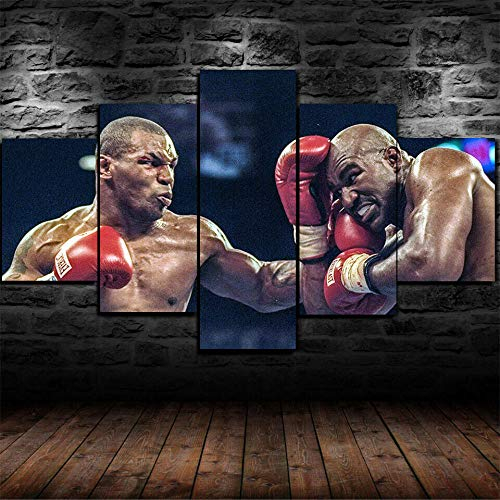 GIRDSSC Bilder Kunstdrucke Moderne Druck Malerei Hintergrund Dekoration Modulare 5 Teiliges Wandbild Mike Tyson Evander Holyfield Boxen Poster Wandkunst Leinwand Creative Geschenk Kunstwerk 150X80