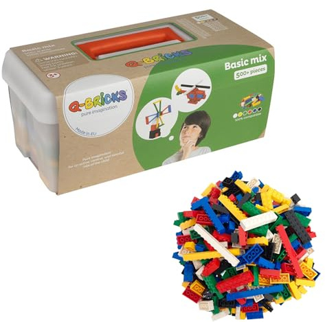 Kreativ-Bauset mit klassischen Bausteinen | 500-teiliges Set | 7 klassische Formen | 6 Farben | 100% kompatibel | Hergestellt in der EU | Verpackt in einem wiederverwendbaren Koffer | Basismischung
