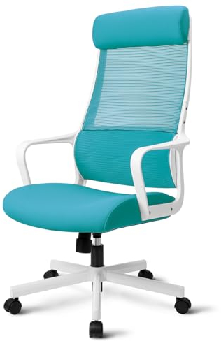 MELOKEA Bürostuhl Ergonomisch, Schreibtischstuhl mit Wippfunktion, Verstellbare Kopfstütze, Höhenverstellung, Entspricht EN 1335, Ergonomic Office Chair, Blau