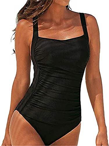 Joligiao Costume Intero Donna Sexy Costumi da Bagno Donna Interi Vintage Monokini con Controllo della Pancia Ruched Push Up Imbottito da Spiaggia Mare e Piscina Tinta Unita Swimsuit(Nero,S)