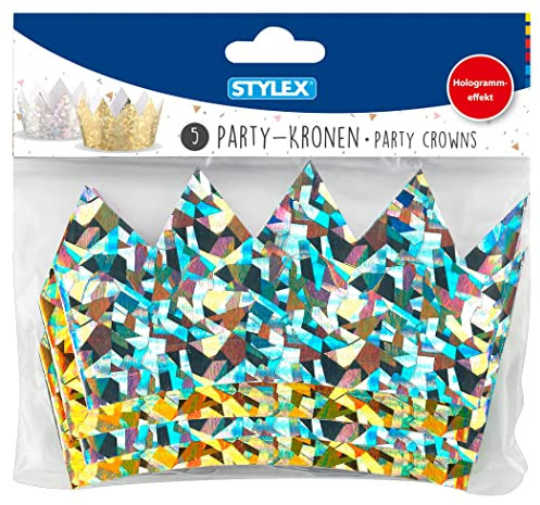 Stylex 14549 - Partykronen, Gold und Silber, Hologrammoptik, mit Gummiband zum Befestigen, 5 Stück