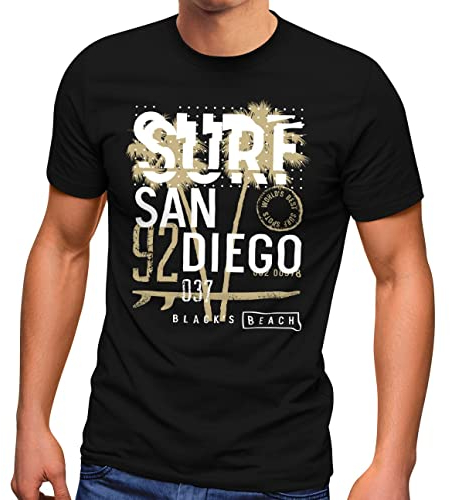 Neverless® Herren T-Shirt Surf Design San Diego Palmen Beach Strand Sommer Palmen Fashion Streetstyle schwarz-beige XL