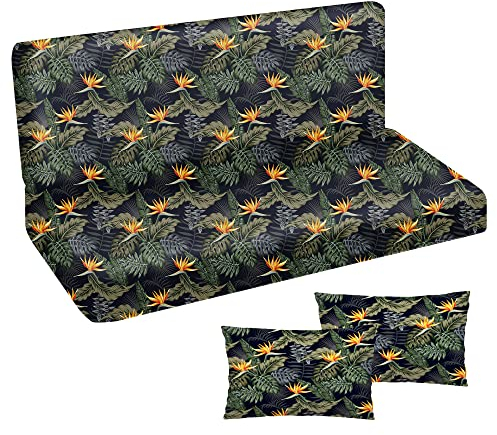 Auflage für Hollywoodschaukel 185x50x50 Gartenbankauflage und 2 Kissen Palettenauflage Bankauflage Sitzkissen und Rückenkissen Polsterauflage Matratze Gartenpolster Glatt Palm Orange Blumen [133]