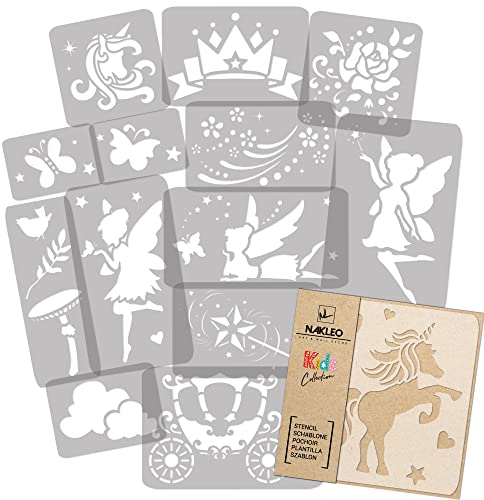NAKLEO Wiederverwendbare Kunststoff Schablonen Malen Kinder, 14 Stück Set 9x12 bis 23x34cm Magie Feen, Kinderzimmer Malvorlage Raumdekoration, Basteln DIY Wand Möbel