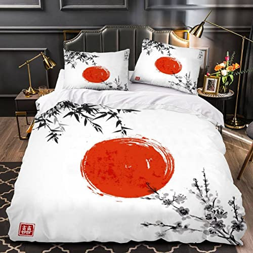 Woowin Housse de Couette Feuilles De Bambou Sakura 200x200 Imprimé en 3D Peinture à L'encre Japonaise Parure De Lit 2 Personnes Microfibre avec Fermeture Éclair 3 pièces Ensemble de Literie