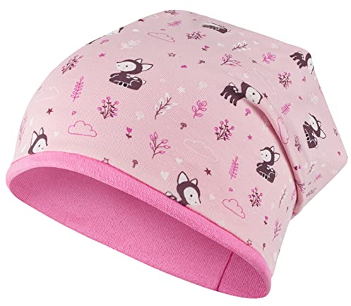 Smarilla Mädchen Mütze Beanie Übergang Stoff Baumwolle doppellagig, Größe: 50-52, Farbe: REH-Rosa